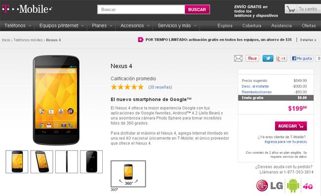 Nexus 4 en la página de T-Mobile