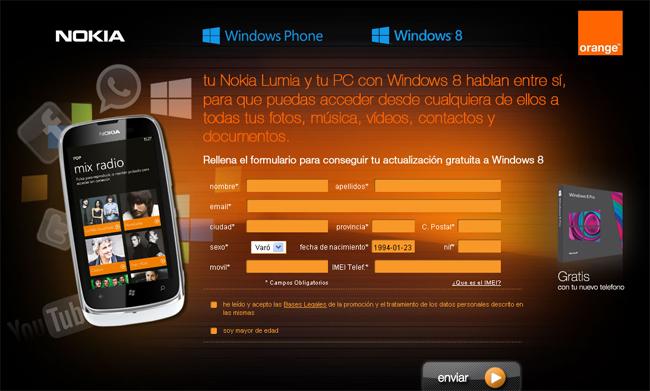 Formulario de la promoción de Nokia Lumia, Orange y Microsoft