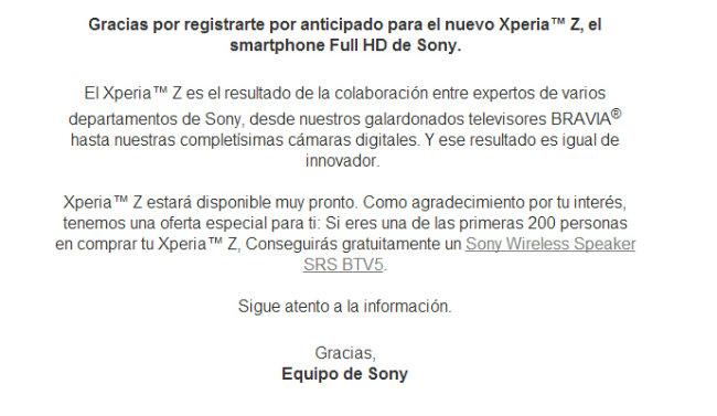 Correo de Sony respecto a Xperia Z