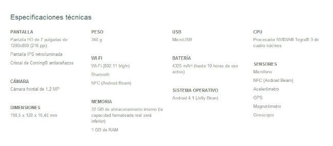 Especificaciones tablet Nexus 7