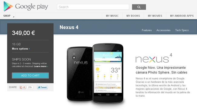 El Nexus 4 de 16 GB vuelve a estar disponible en la Google Play
