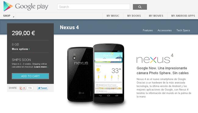 El Nexus 4 de 8 GB vuelve a estar disponible en la Google Play