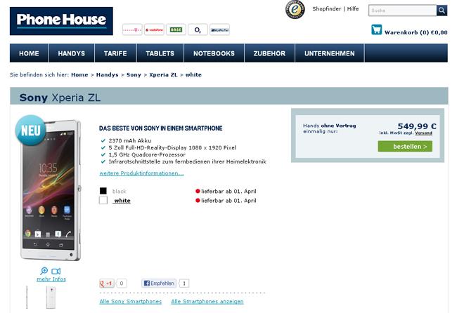 El Sony Xperia ZL por 550 euros