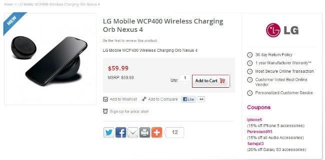 captura de la página para comprar el cargador inalámbrico LG Nexus 4 Orb