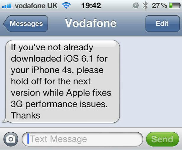 Mensaje de aviso de fallos en iPhone 4S de Vodafone UK