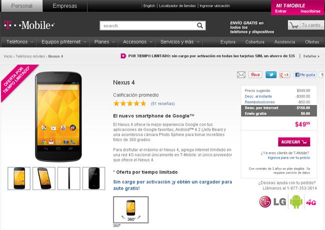 Nexus 4 por 50 dólares con T-Mobile