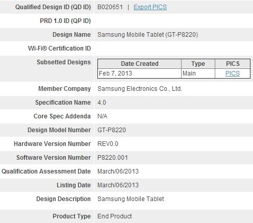 Información del Samsung Galaxy Tab 3 Plus LTE en el Bluetooth SIG