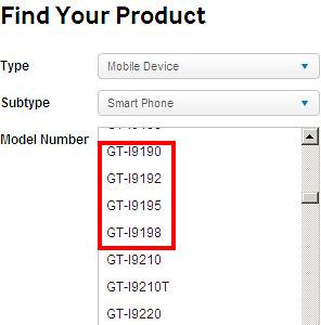 Listado que aparece en la web de Samsung con el Galaxy S4 Mini