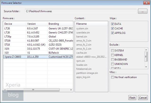 Opciones en FlashTool