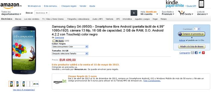 El Samsung Galaxy S4 en Amazon por 699 euros