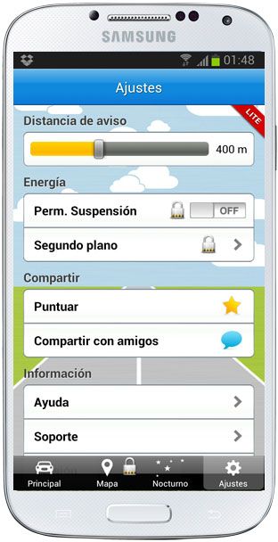 Opciones de configuración en Avisador Radares S
