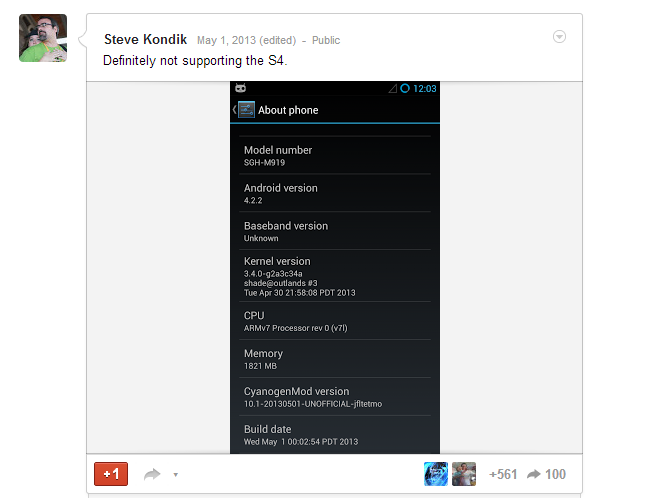 Mensaje Steve Kondik compatibilidad con Galaxy S4