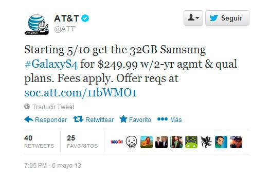 Anuncio de AT&T en Twitter acerca del Samsung Galaxy S4 de 32 GB