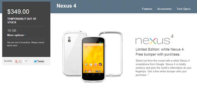 El Nexus 4 blanco se agota en Google Play.