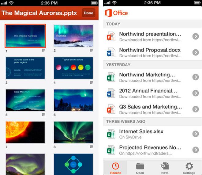Interfaz de Office Mobile para iPhone