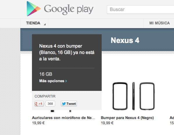 El Nexus 4 blanco de 16GB ya no estará más a la venta en Google Play.