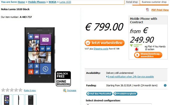 El Nokia Lumia 1020 ya se puede reservar por 799 euros.