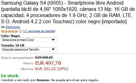 Galaxy S4 en Amazon por menos de 500 euros.