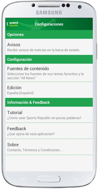 Menú de configuración en Sport Republic