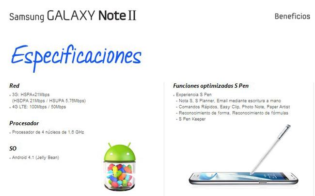 Especificaciones del Galaxy Note 2 LTE