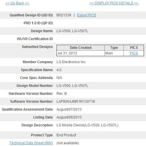 Bluetooth SIG certificado tablet LG.