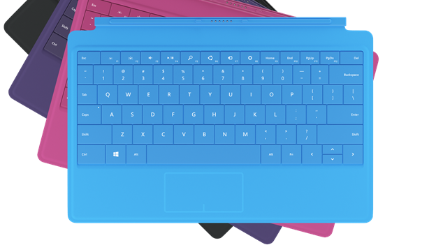 Microsoft Surface 2 teclado qwerty de color azul, rosa, violeta y negro
