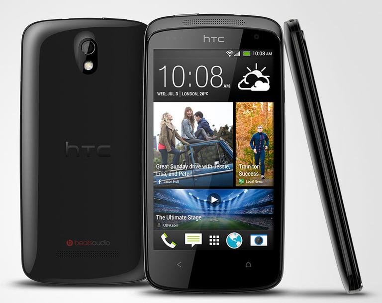 HTC Desire 500 en color negro vista frontal, lateral y trasera
