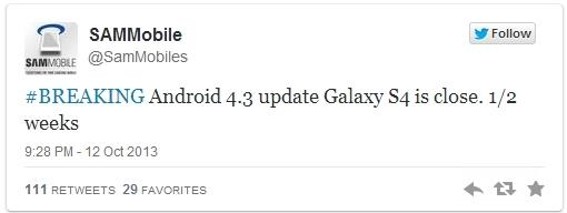 mensaje de Twitter sobre la actualización del Galaxy S4
