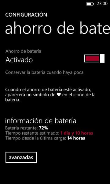 Pantalla del Nokia Lumia 625 con rendimiento de la batería