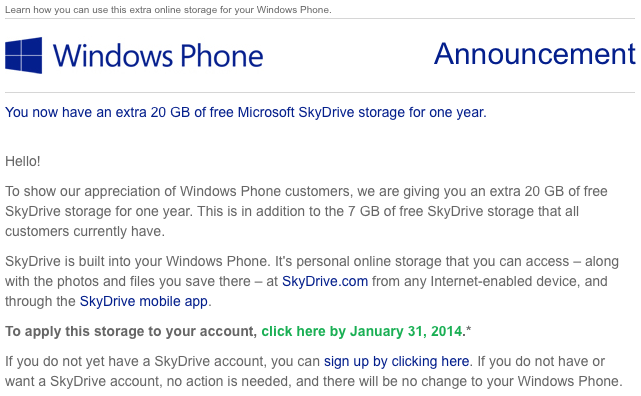 Skydrive extra storage 20 GB Windows Phone.