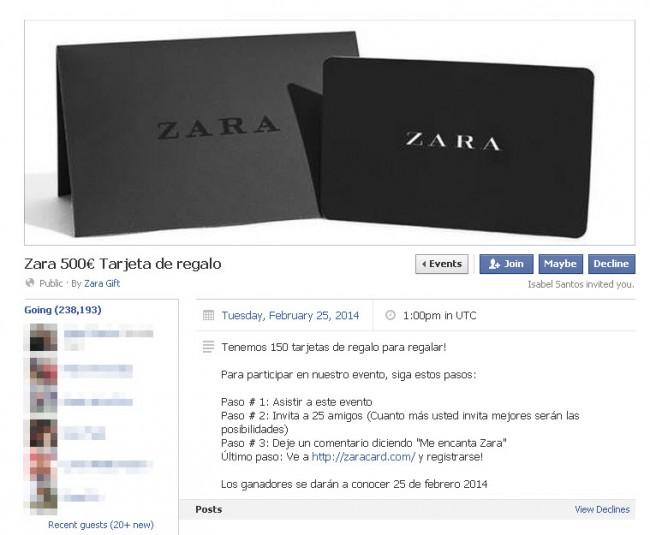Tarjeta de Zara en Facebook