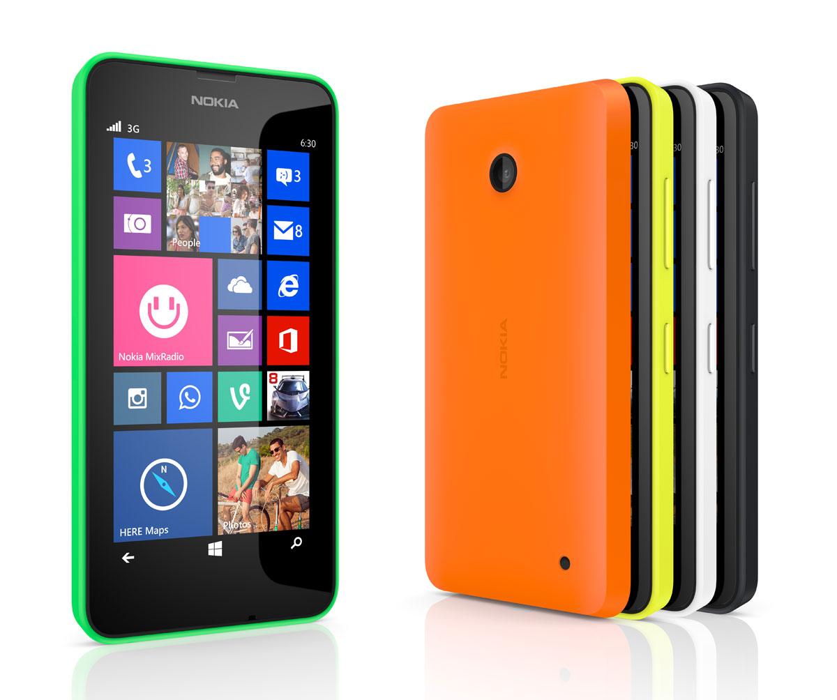 Nokia Lumia 630 en color verde, naranja y amarillo