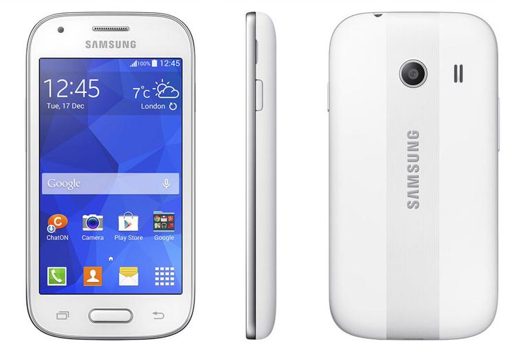 Samsung Galaxy Ace Style en color blanco, vista frontal, lateral y trasera