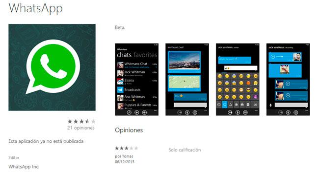 App de WhatsApp en la Windows Phone Store