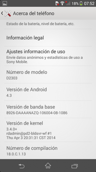 Información del sistema del Sony Xperia M2