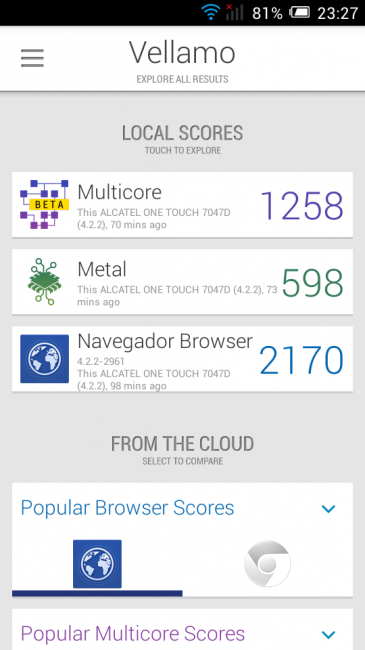 Resultados en Vellamo el Alcatel OneTouch Pop C9