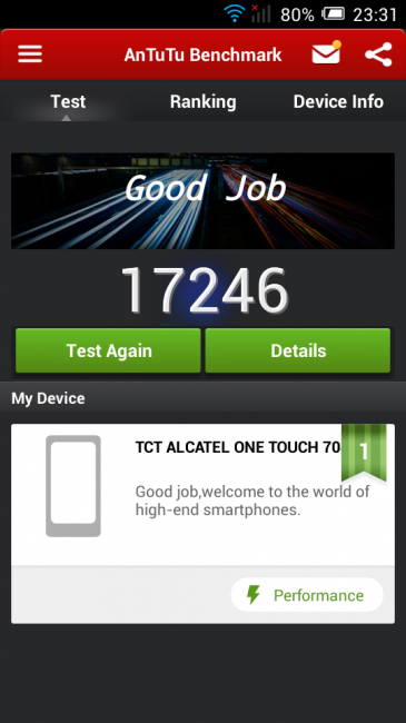 Resultados en AnTuTu del Alcatel OneTouch Pop C9