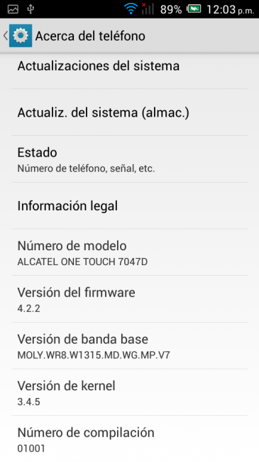 Información del sistema en el Alcatel OneTouch Pop C9