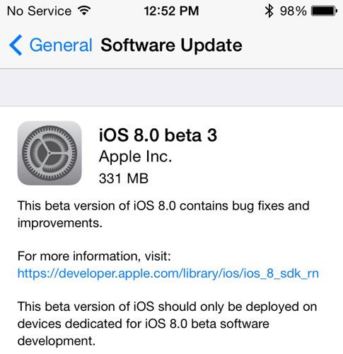 Tercera versión de pruebas de iOS 8