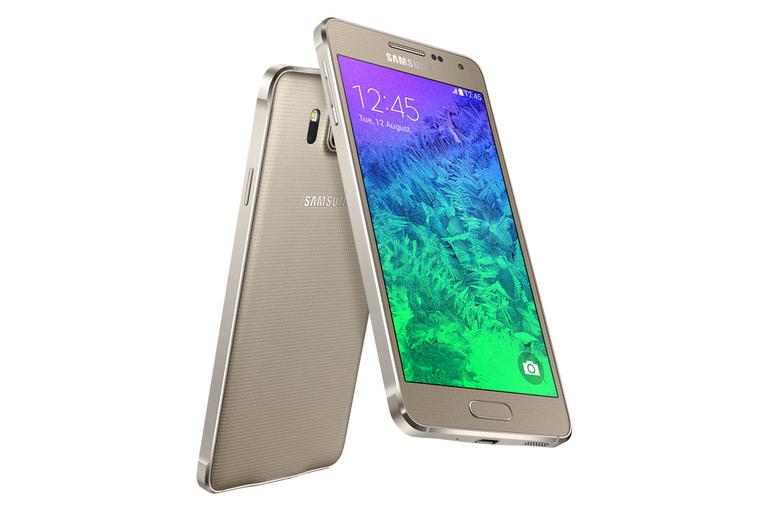 Samsung Galaxy Alpha en color oro vista delantera y trasera