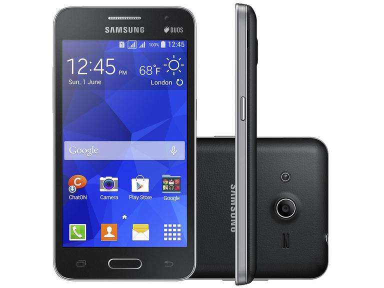 Samsung Galaxy Core 2 de color negro visto de frente, perfil y por detrás