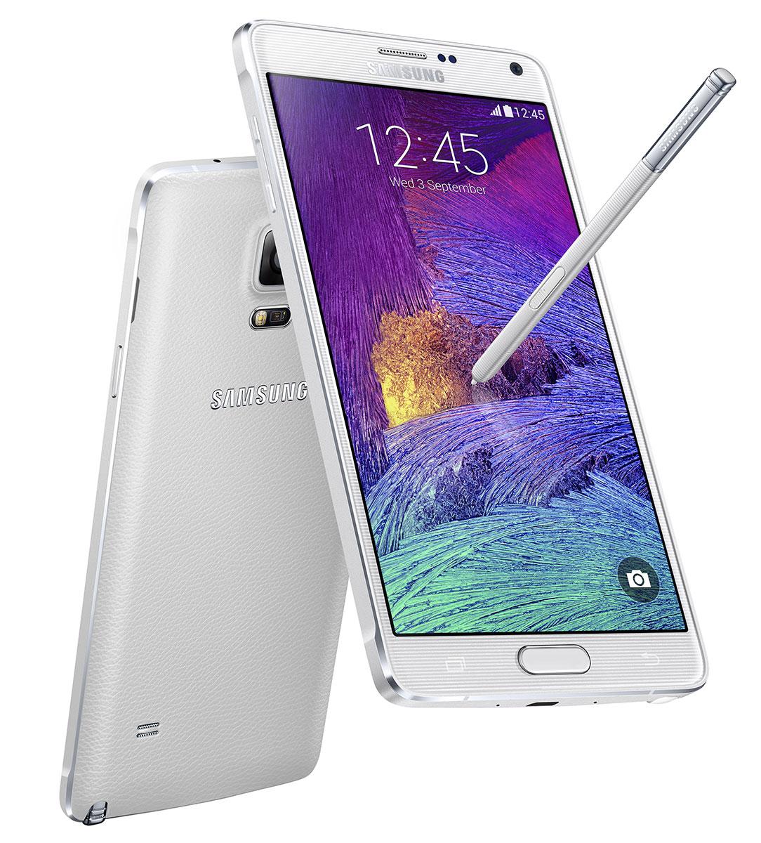 Samsung Galaxy Note 4 en color blanco visto por detrás y por delante
