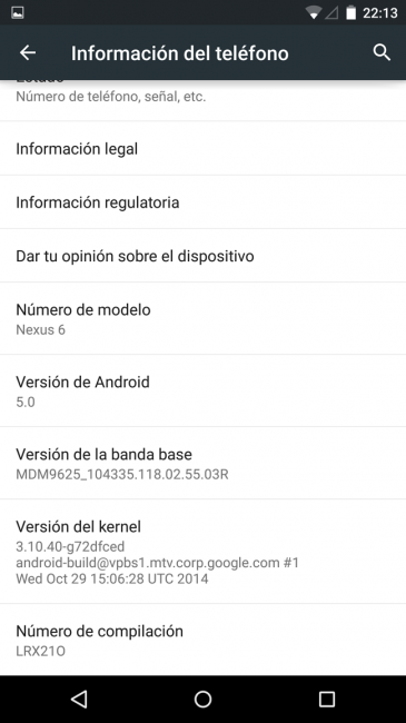 Información del sistema Nexus 6