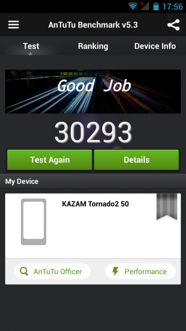 Resultado en AnTuTu Kazam Tornado 2 5.0