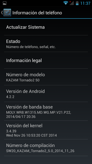 Información del sistema del Kazam Tornado 2 5.0
