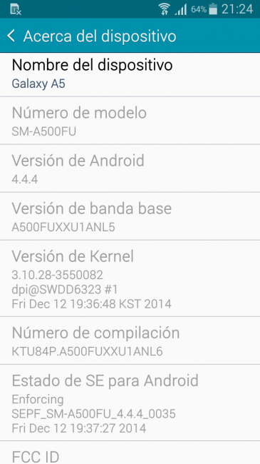 Captura del sistema Samsung Galaxy A5