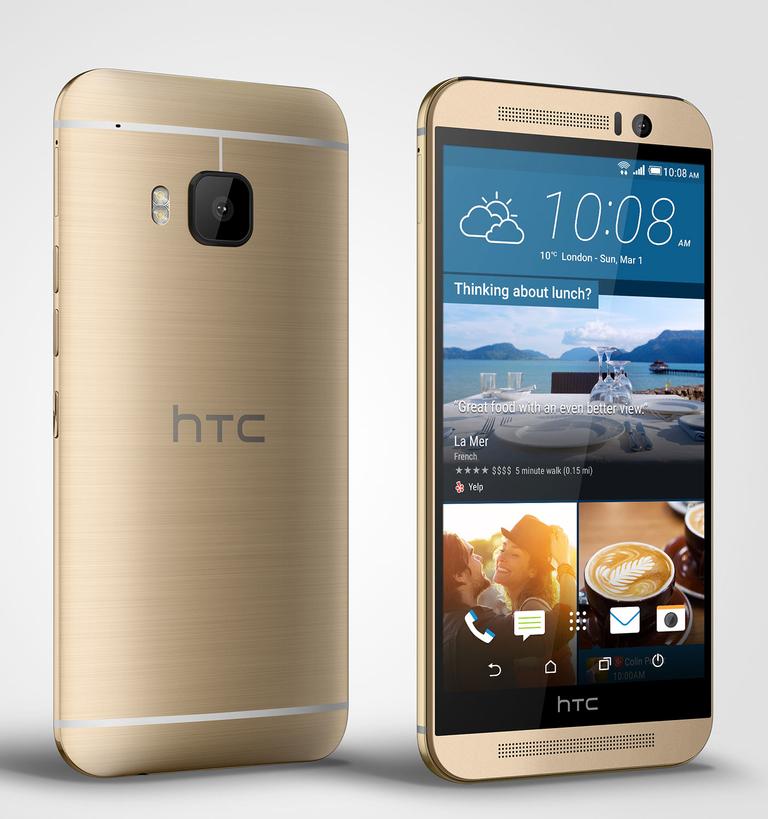 HTC One M9 en color oro, vista frontal y trasera