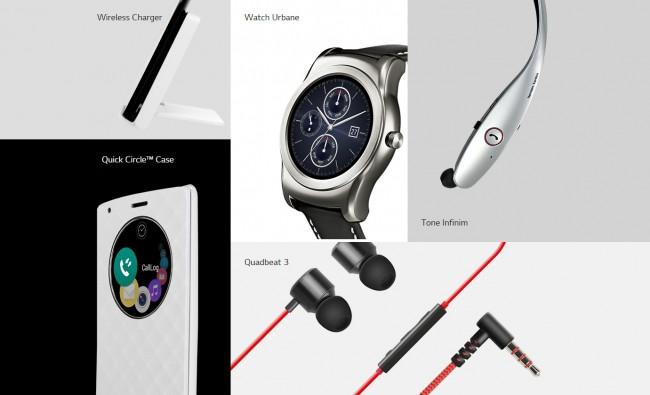 Accesorios de LG, reloj inteligente y auriculares