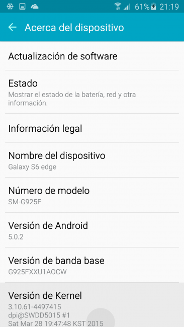 Información del sistema del Samsung Galaxy S6 Edge