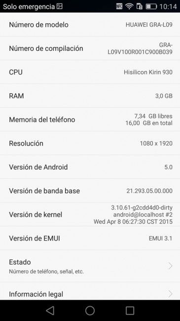 Captura de la información del sistema del Huawei P8